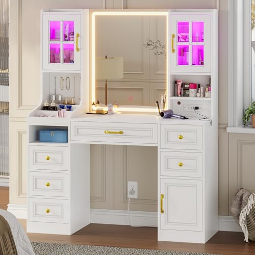 White Vanity Desk with Touch Screen Mirror and Lights, 6 Drawers N237208