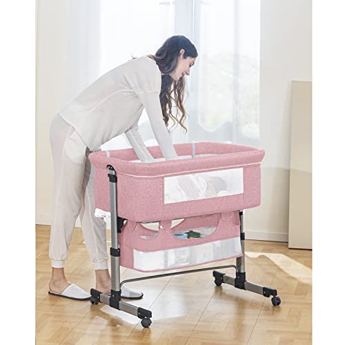 Pink Baby Bassinet Bedside Sleeper with Storage Basket Q500