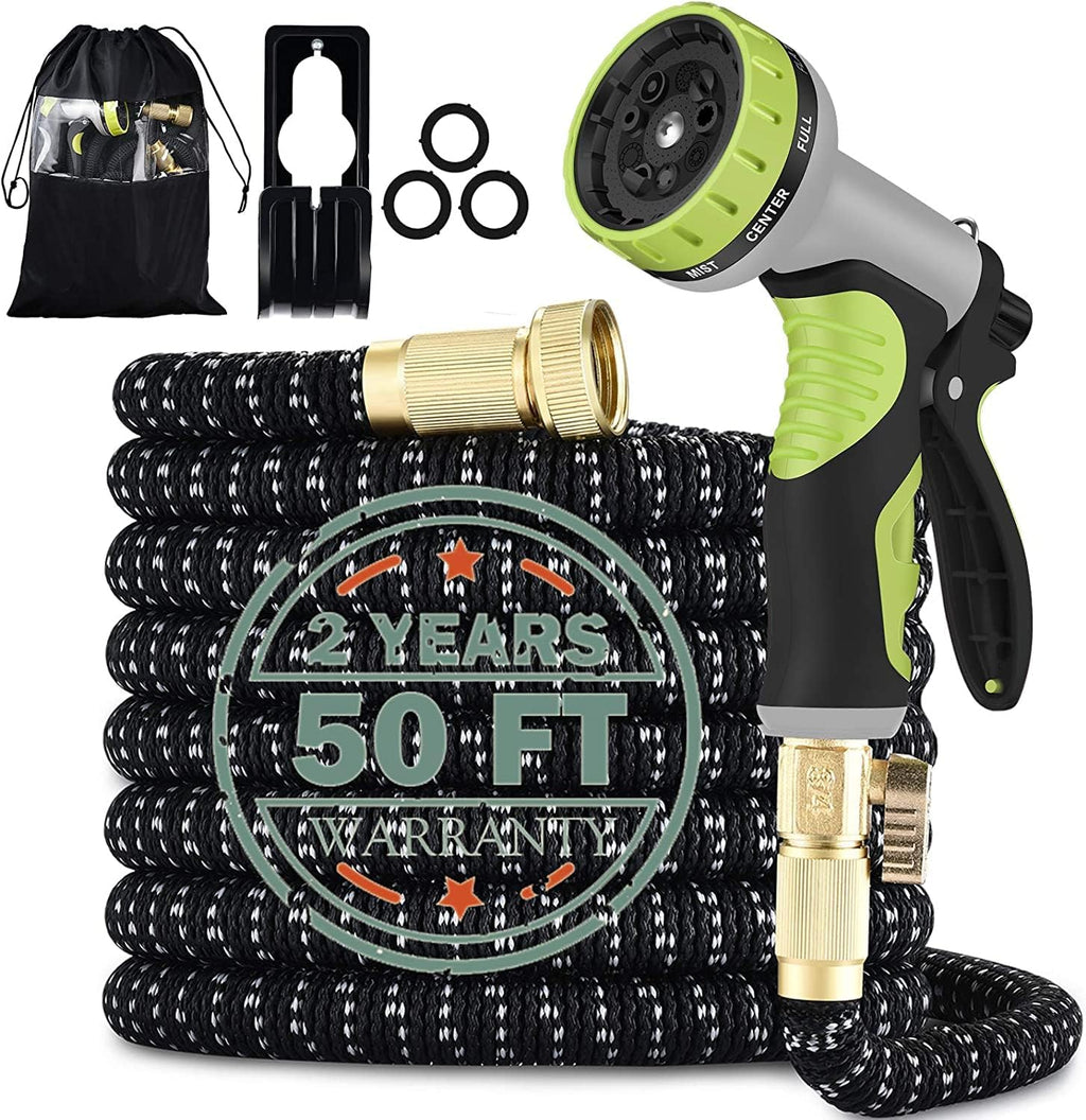 50FT Expandable Garden Hose with 9 Function Nozzle and Solid Brass Fittings Y555