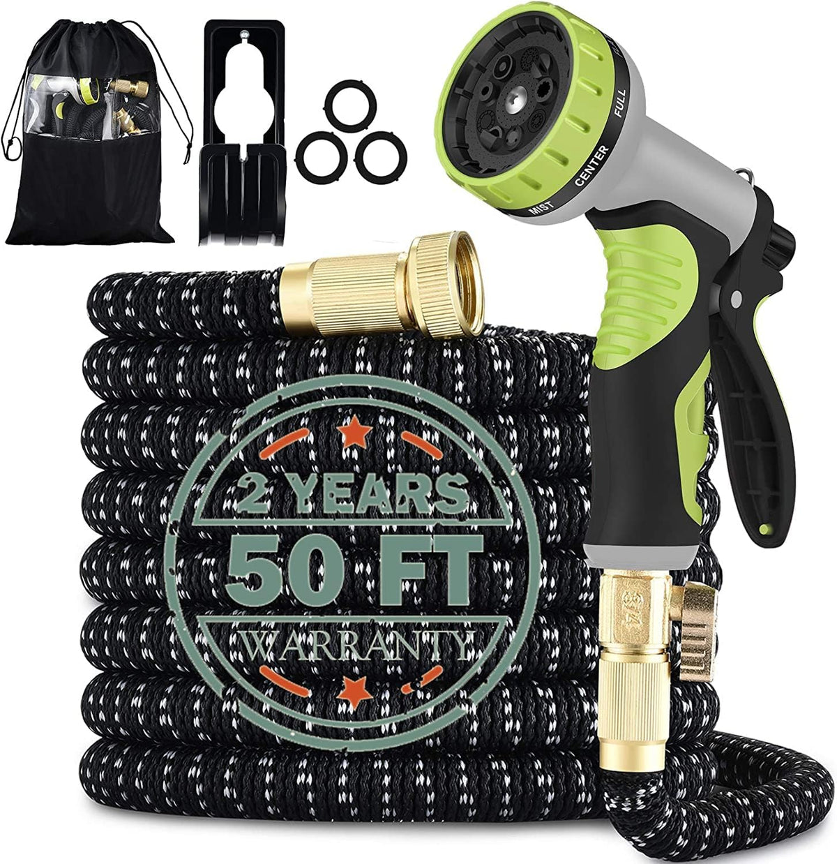 50FT Expandable Garden Hose with 9 Function Nozzle and Solid Brass Fittings Y555