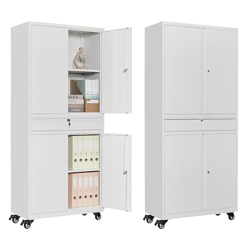White Metal Storage Cabinet with Wheels and Locking Drawer A1843
