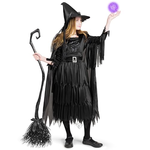 Classic Kids Witch Costume Black Witch Dress with Broom and Hat XL Y930