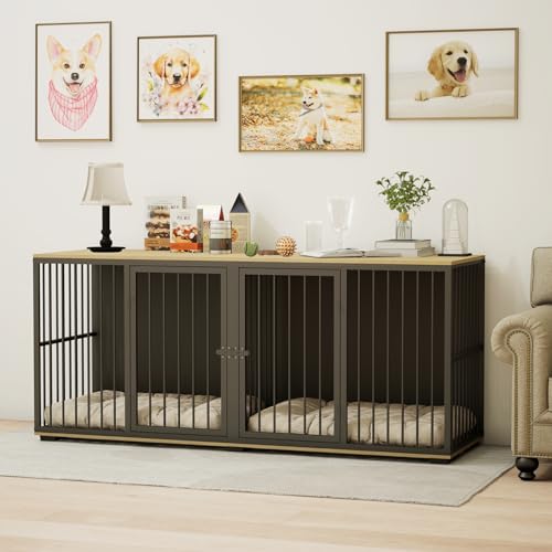 71.6'' Metal Steel Frame Double Dog Kennel with 2 Rooms and Removable Divider Black E814