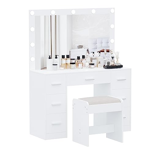 White Vanity Desk with Lighted Mirror and Drawers Z3224