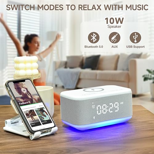 Gray Digital Alarm Clock with Bluetooth Speaker and Wireless Charger H9698