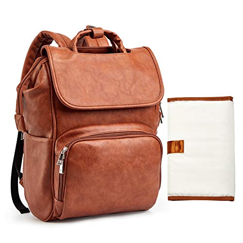 Brown Waterproof Large Leather Diaper Bag Backpack with Changing Mat T60930