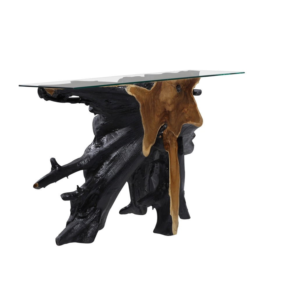Black Teak Wood Console Table with Clear Glass Top X9588