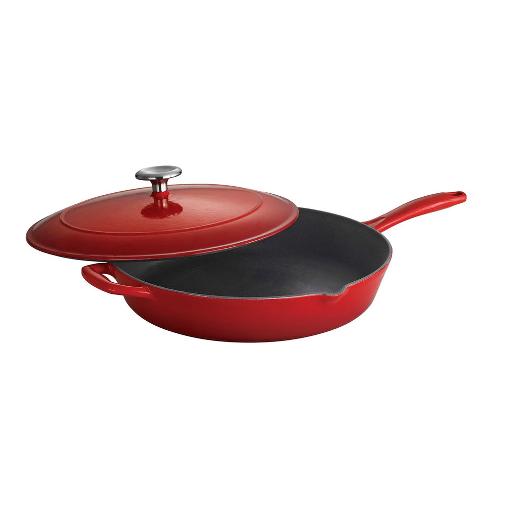 Red Enameled Cast Iron Covered Skillet T107558
