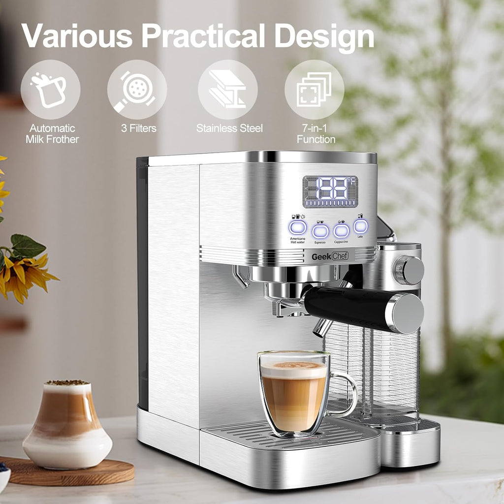 7-in-1 Espresso Machine with Automatic Milk Frother, 20 Bar, Stainless Steel N30776