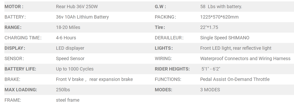 White 22" Electric Bicycle 250 W 36 V 10 Ah Lithium-Ion Battery G9827