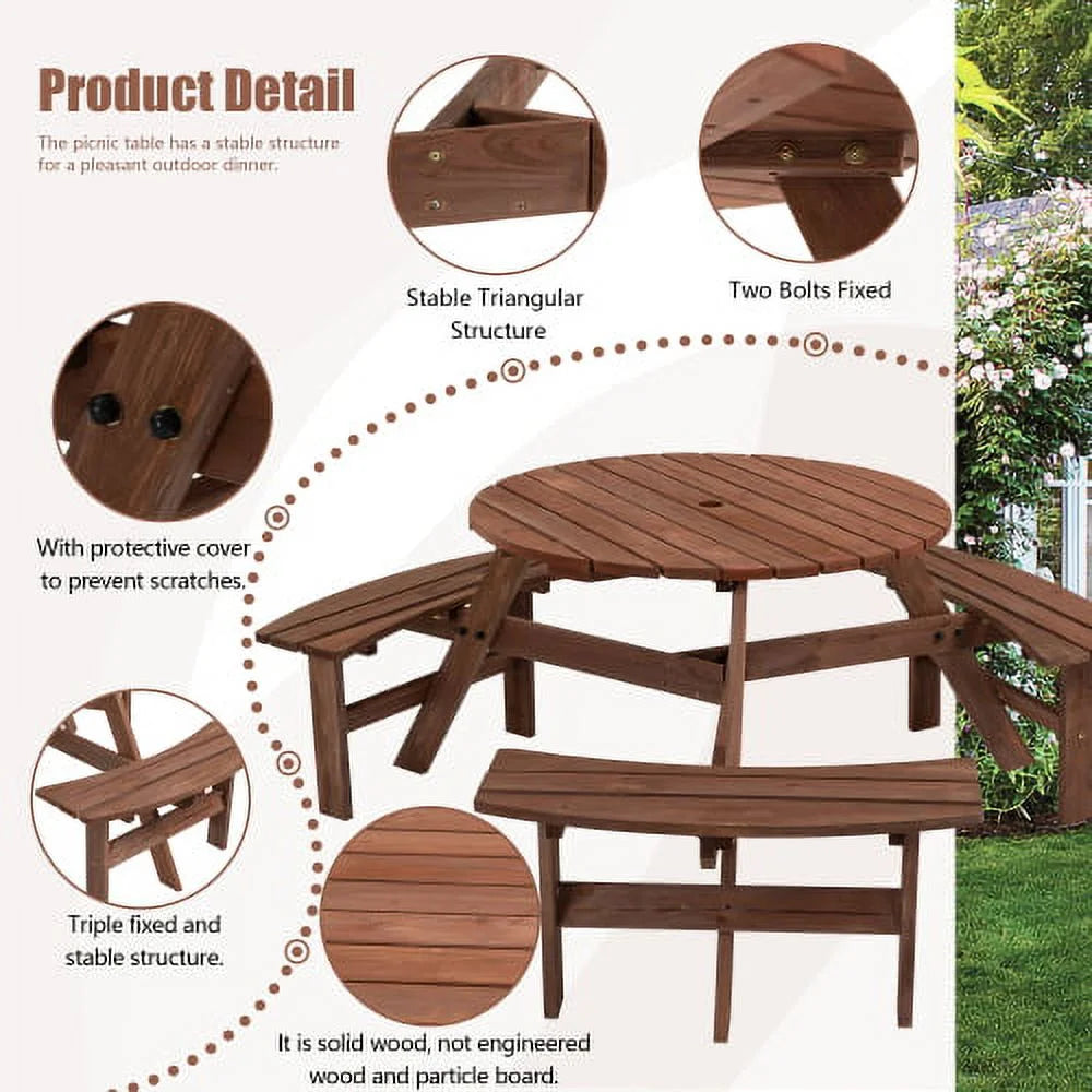 6-Person Circular Outdoor Wooden Picnic Table with 3 Built-in Benches K5521