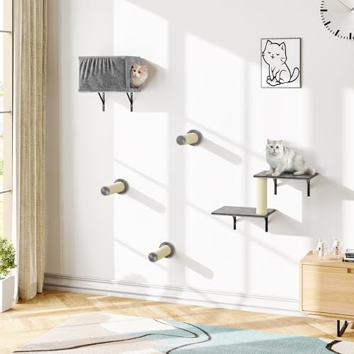 5-in-1 Wall-Mounted Cat Climber Set with House, Bridge, Steps, Scratcher, Hammock, Shelves Q44124