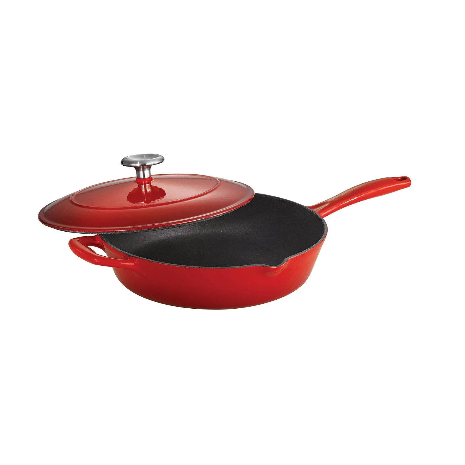 Red Enameled Cast Iron Covered Skillet T107558