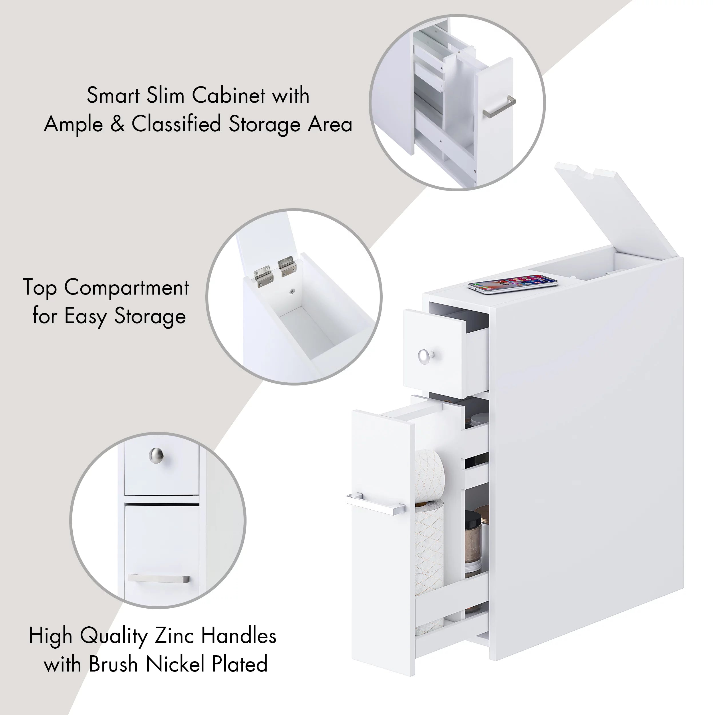 White Slim Bathroom Storage Cabinet with Toilet Paper Holder and Slide Out Drawer T522378