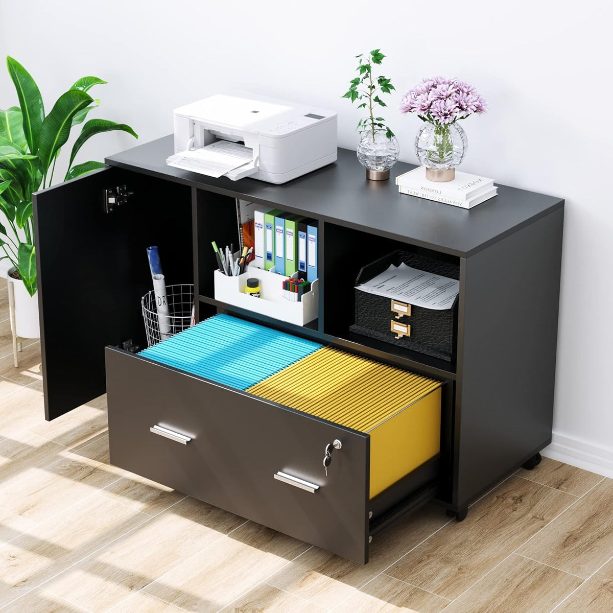 Black Wood Lateral File Cabinet with Lock V333412