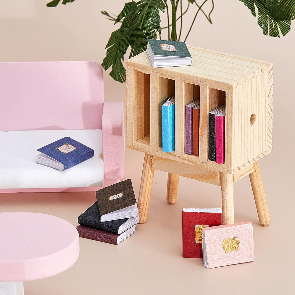 13 Pieces 1:12 Scale Miniature Dollhouse Books with Wooden Rack Bookshelf G6020