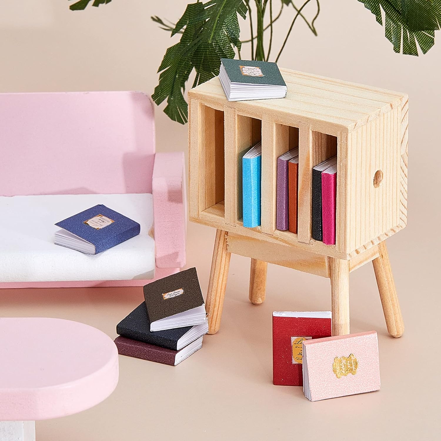 13 Pieces 1:12 Scale Miniature Dollhouse Books with Wooden Rack Bookshelf G6020