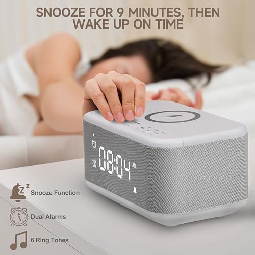 Gray Digital Alarm Clock with Bluetooth Speaker and Wireless Charger H9698
