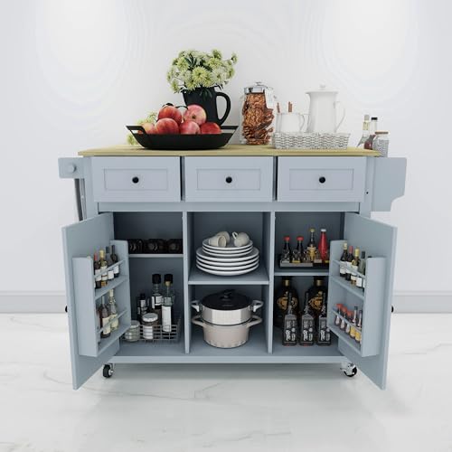 Grey Blue Rolling Kitchen Island with Storage Cabinet and 3 Drawers I378253
