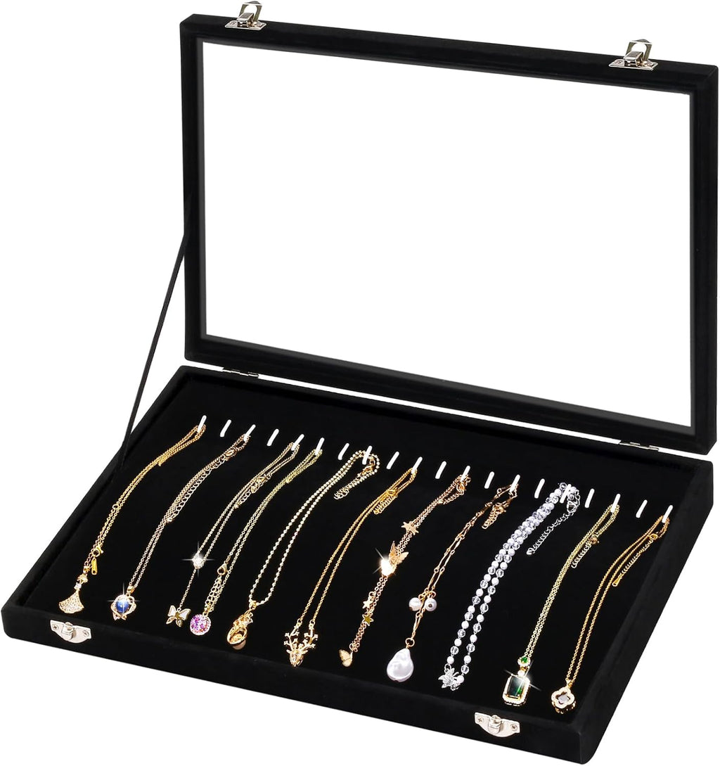 20 Hooks Velvet Jewelry Tray Necklace Organizer Box with Clear Lid M1059