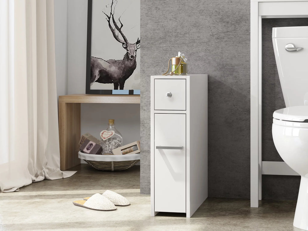 White Slim Bathroom Storage Cabinet with Toilet Paper Holder and Slide Out Drawer T522378