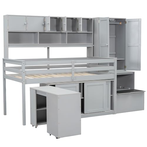 White Low Wood Loft Bed Twin Size with Rolling Desk and Drawers F58340