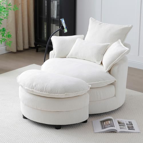 Beige Corduroy Oversized Swivel Accent Sofa Chair with Storage Ottoman P98402