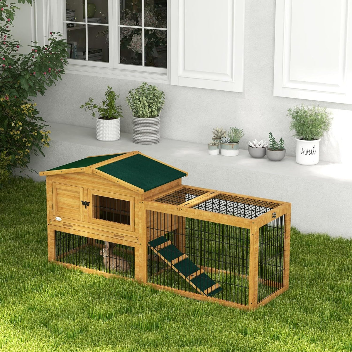 Yellow Wooden Rabbit Hutch with Removable Tray U59940