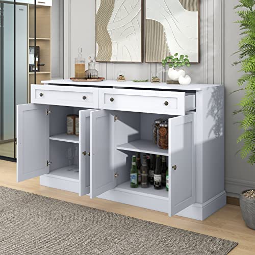 60" White 4-Door Sideboard Buffet with 2 Drawers and Adjustable Shelves E7482