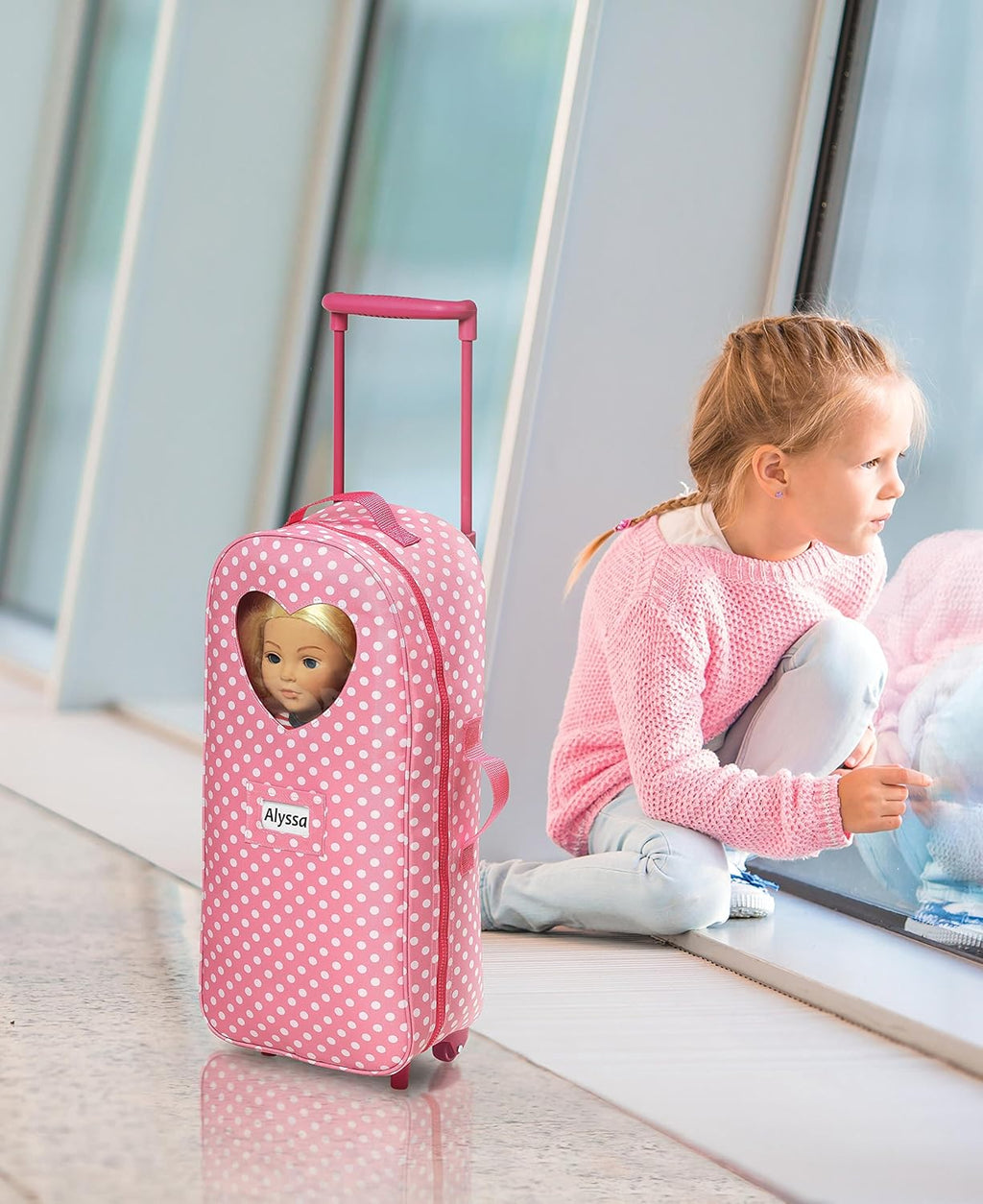 Pink Polka Dot Doll Trolley Travel Carrier with Rocking Bed and Bedding C8239