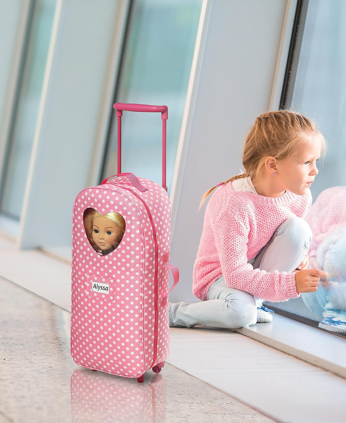 Pink Polka Dot Doll Trolley Travel Carrier with Rocking Bed and Bedding C8239