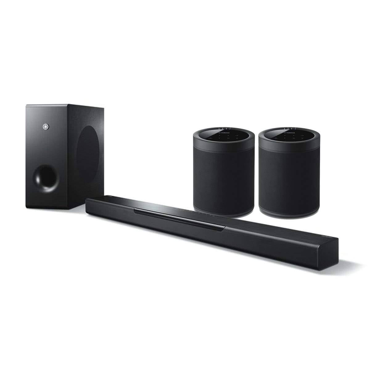Black Sound Bar with Wireless Subwoofer and Wireless Speakers Z385