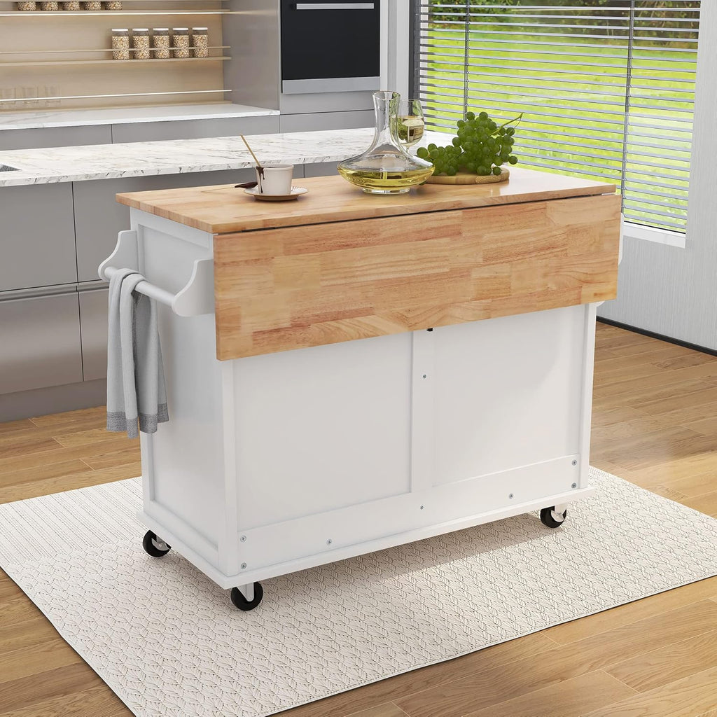 Mobile Kitchen Island Cart with Spice Rack and Towel Rack, Rolling Kitchen Island with Drop Leaf, 2 Drawers and Sliding Barn Doors N990506