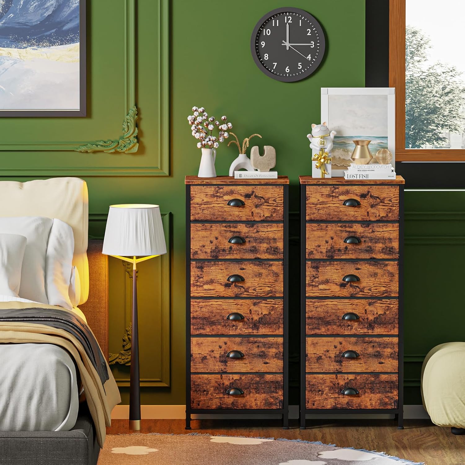 Vertical End Table and Nightstand with 9 Large Drawers, Metal Frame C7487