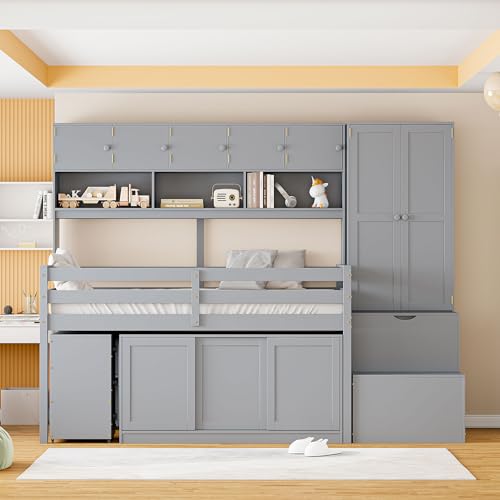 White Low Wood Loft Bed Twin Size with Rolling Desk and Drawers F58340