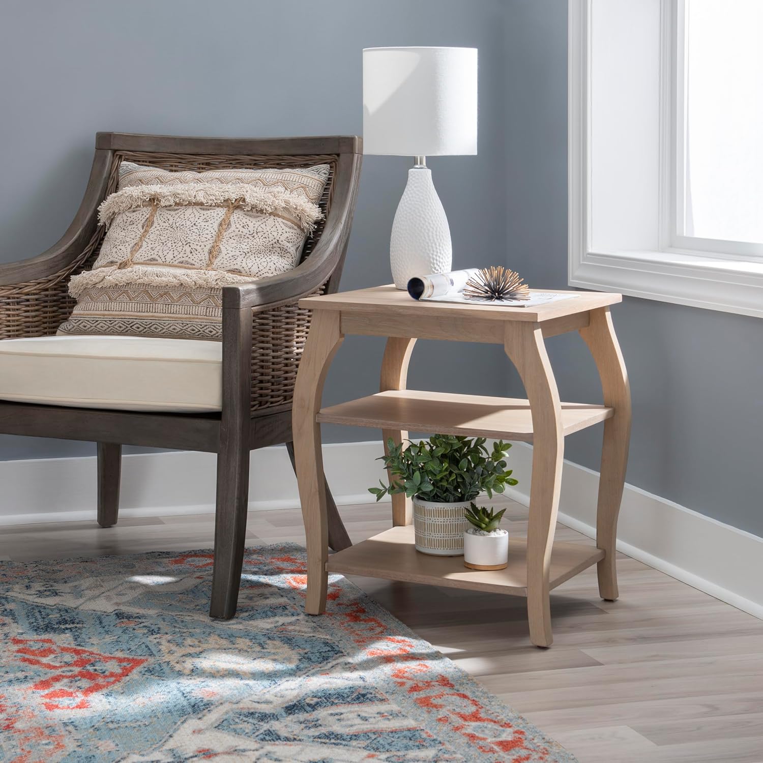 Natural Wooden Side Table with Curved Legs and Two Display Shelves W768490