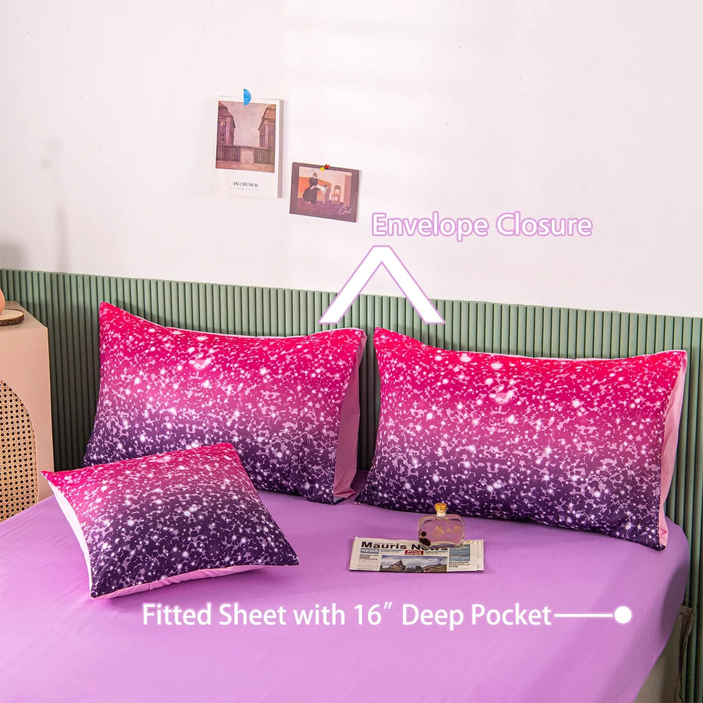 6Pcs Twin Gradient Pink Purple Glitter Comforter Sets P884178