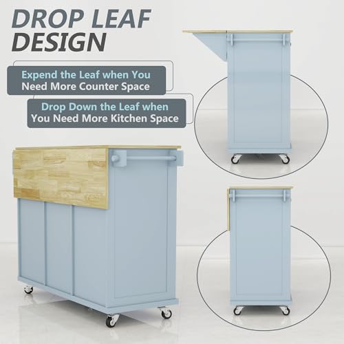 Grey Blue Rolling Kitchen Island with Storage Cabinet and 3 Drawers I378253