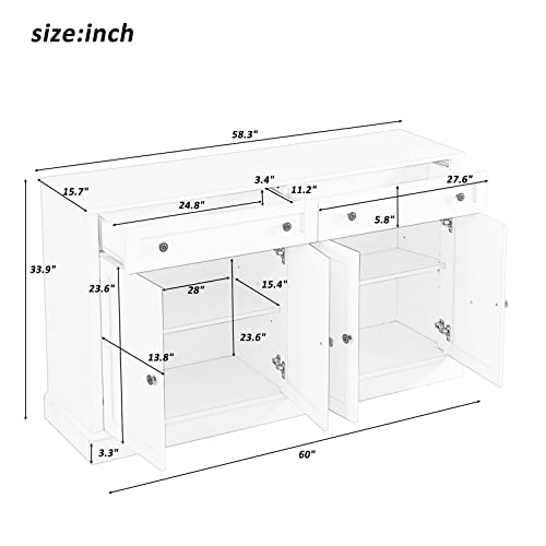 60" White 4-Door Sideboard Buffet with 2 Drawers and Adjustable Shelves E7482