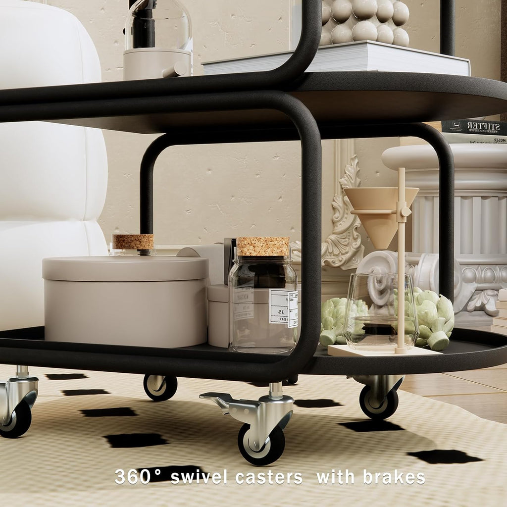 Matte Black 3-Tier Rolling Metal Bar Cart with Lockable Wheels I614