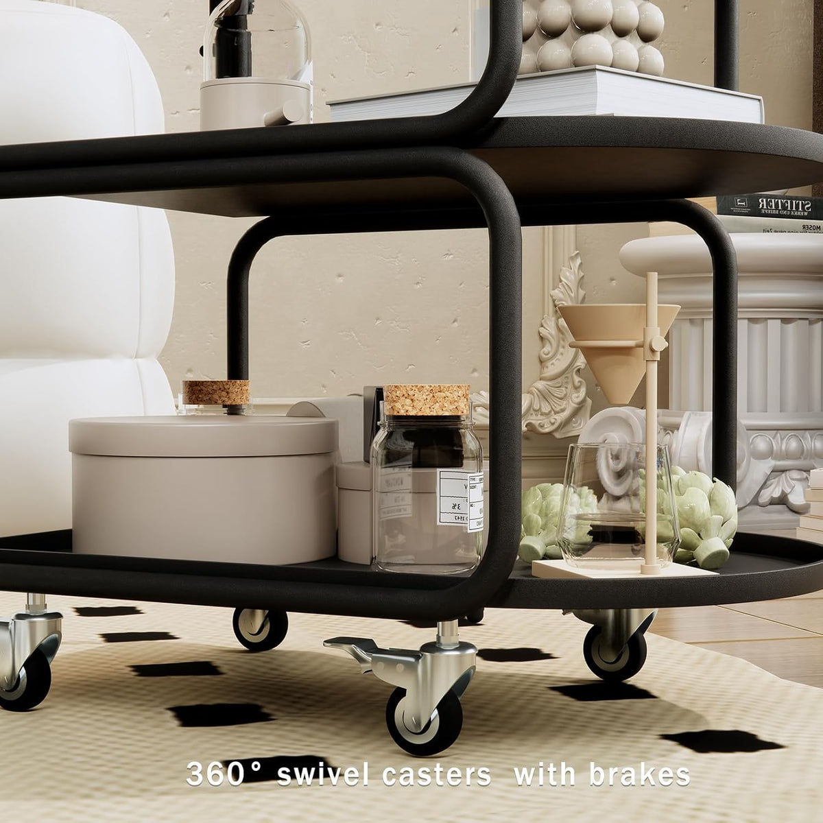 Matte Black 3-Tier Rolling Metal Bar Cart with Lockable Wheels I614