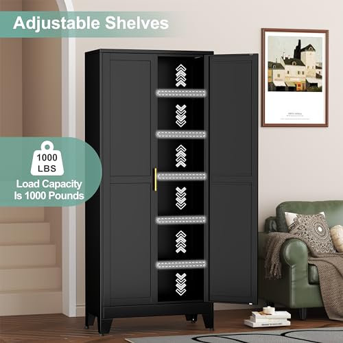 White 75" Metal Pantry Cabinet with 2 Doors and 5 Adjustable Shelves M247