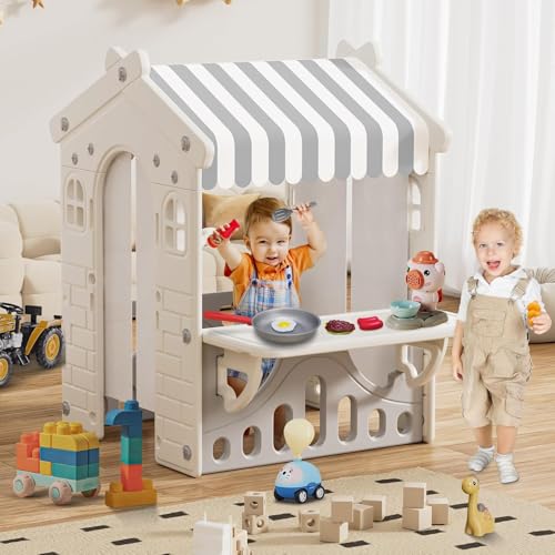 Kids Playhouse with Pretend Play Kitchen Toys Set Beige Gray S561