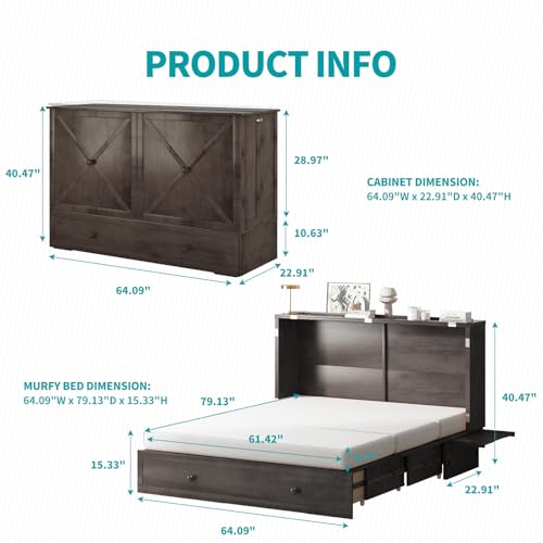 Murphy Bed with USB Charging Station, Memory Foam Queen Size Mattress, Storage Drawer M164818