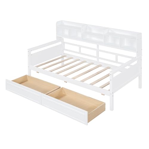 Twin Size Wood Daybed with Shelf and 2 Storage Drawers W516591