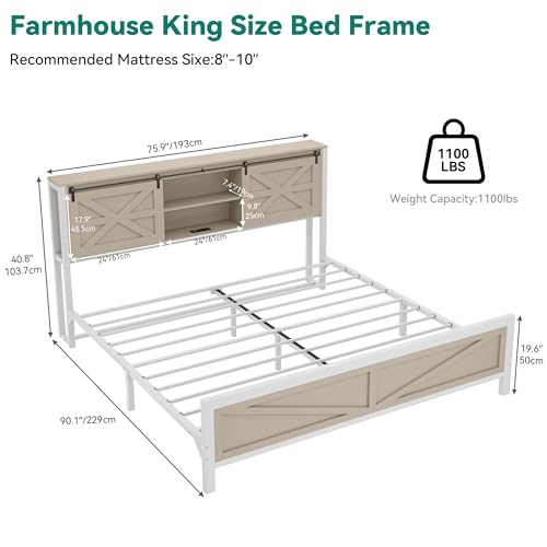 White Queen Size Bed Frame with Headboard and Storage Shelves V45342