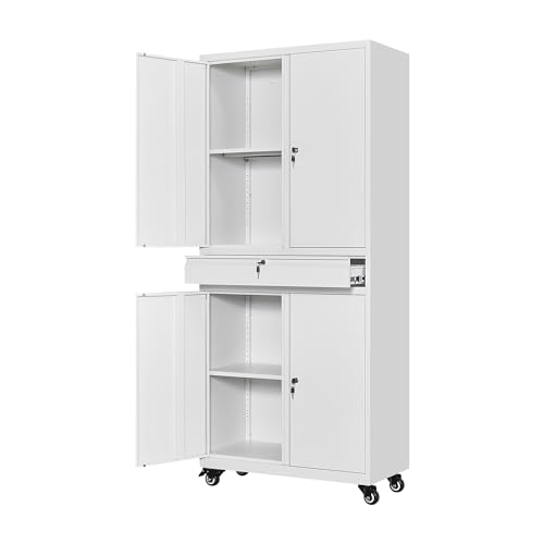 White Metal Storage Cabinet with Wheels and Locking Drawer A1843