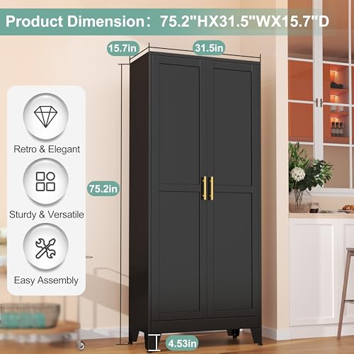 White 75" Metal Pantry Cabinet with 2 Doors and 5 Adjustable Shelves M247