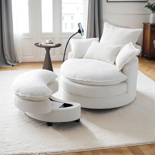 Beige Corduroy Oversized Swivel Accent Sofa Chair with Storage Ottoman P98402