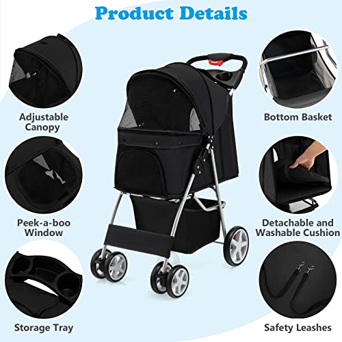 4 Wheels Folding Pet Stroller with Storage Basket and Adjustable Canopy K43758